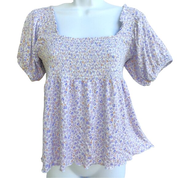 Lucky Brand Babydoll Smocked Lilac Floral Top Square Neck Short Puff Sleeves S - Picture 1 of 7